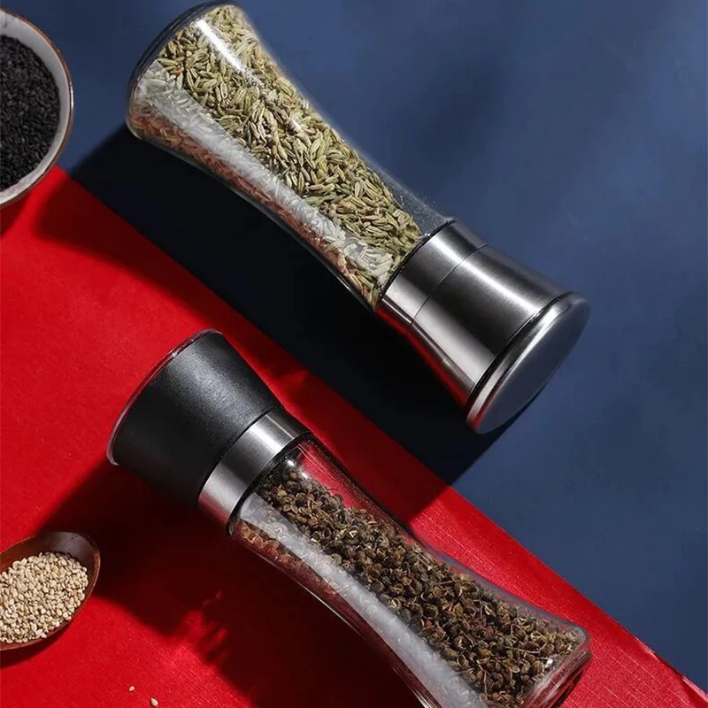 Amazon Wholesale  Adjustable Ceramic Core Bottle Stainless Steel Glass Salt Mill Chili Manual Pepper Grinder Mill Shakers Set
