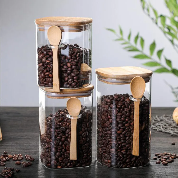 Square Glass Jar Food Storage Container with Bamboo Lid and Wooden Spoon