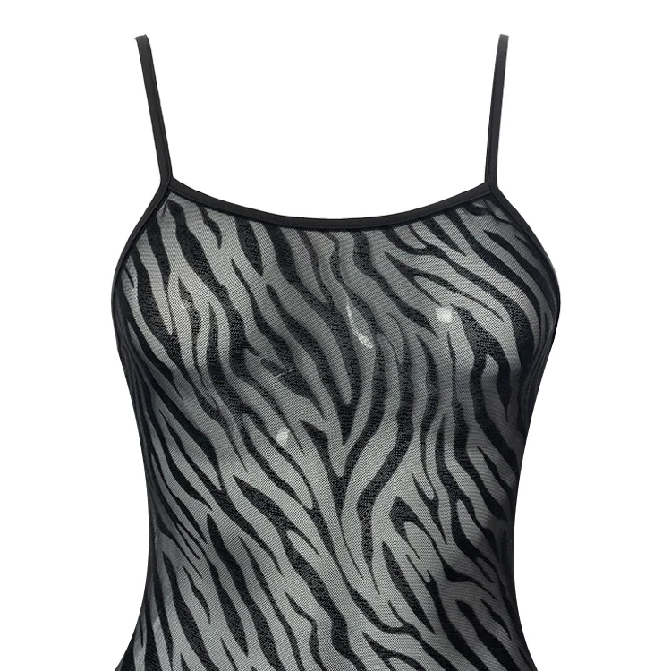 Autumn And Winter New Flocking Printing Casual Sling Mesh Backless Zebra Custom Sleeveless Casual Long Dresses