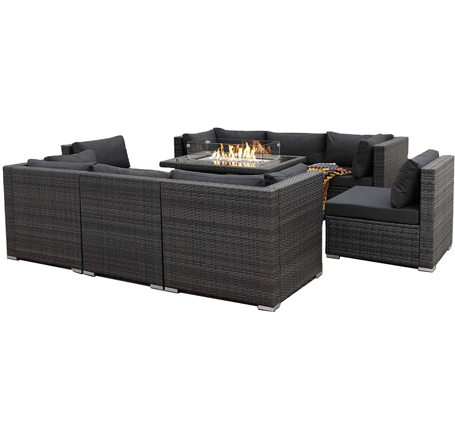 All Weather Wicker Patio Furniture Conversation Set, Glass Dining Table, Wicker Chair and Pillow Outdoor Sectional Dining Set