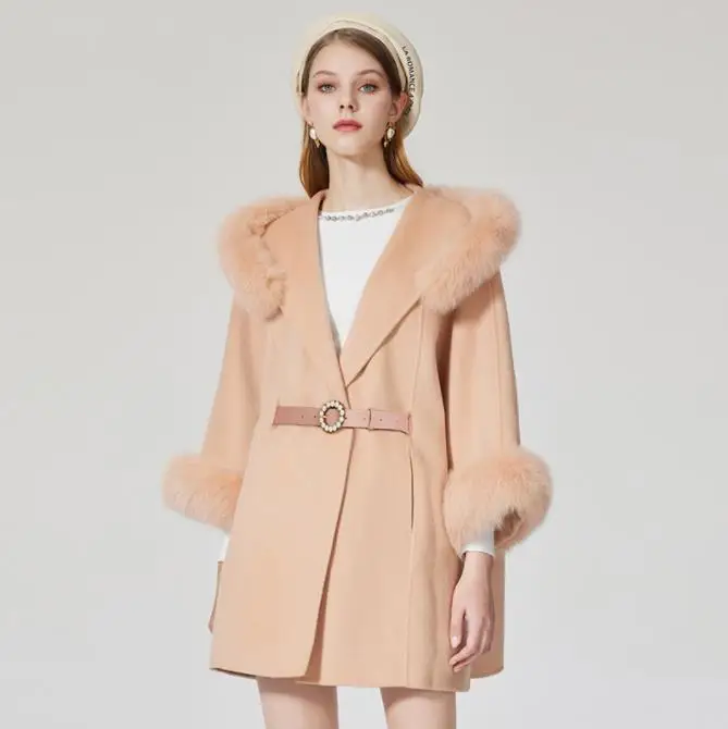 Custom Wool Fleece Oversize Belt Style Cashmere Wool Coat Detachable Fox Fur Collar Wool Coat Women Winter Women Coat with Fur
