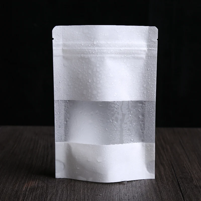 100 PCS Resealable Stand Up White Kraft Paper Bags with Matte Window For Bath Salt Coffee Beans Nuts Candies Packaging