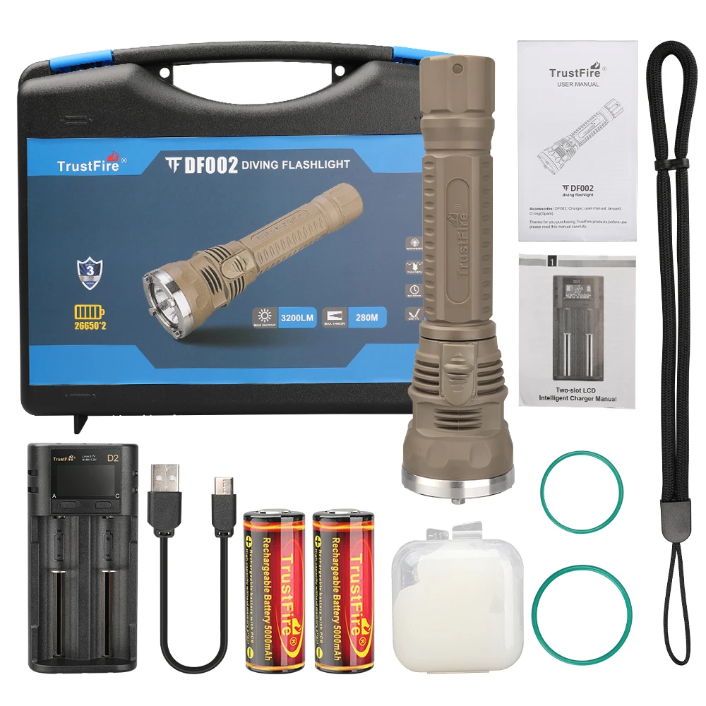 TrustFire DF002 фонарь для дайвинга 3200 люмен подводный 100 м 280 дальность луча мощный фонарик