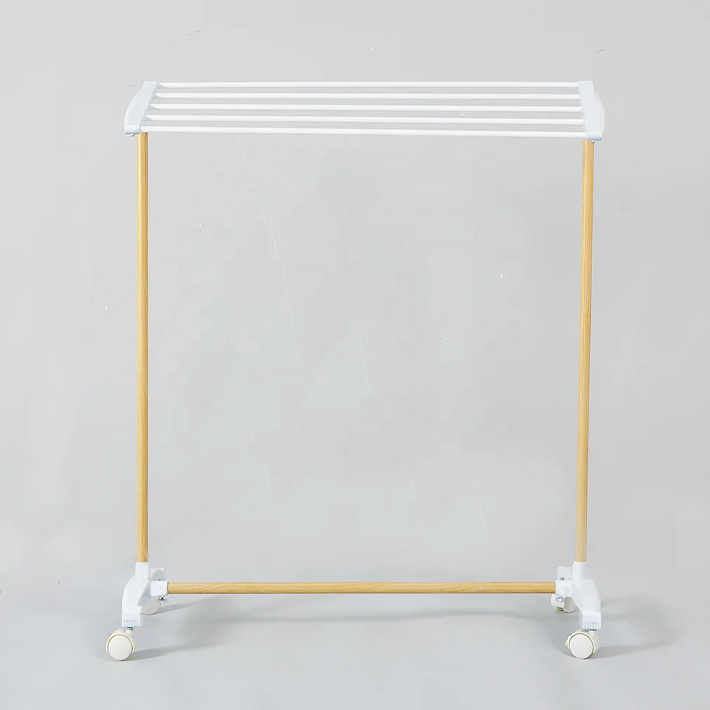 BAOYOUNI Metal Rolling Towel Rack Clothes Drying Stand Blanket Pants Laundry Rack 5 Bars Hanging Rod On Wheels (White+Brown)