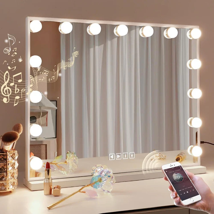 Frame Mirror 58x46cm With Light Mirror Cosmetic Tabletop Bluetooth Speaker Vanity Hollywood Makeup Mirror With LED