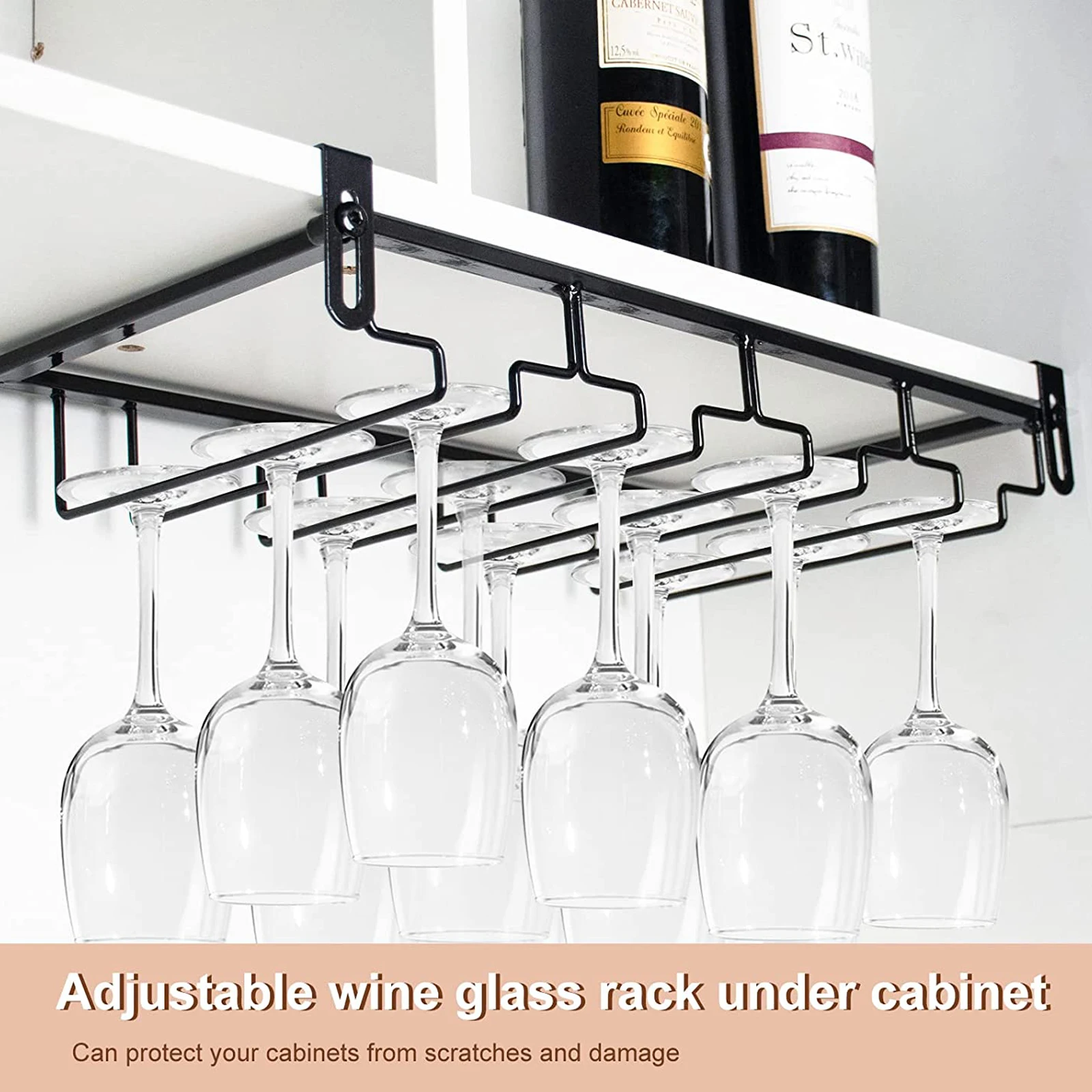 Punch-Free 4 Rows Stemware Wine Glass Metal Holder Adjustable Wine Glass Rack Under Cabinet