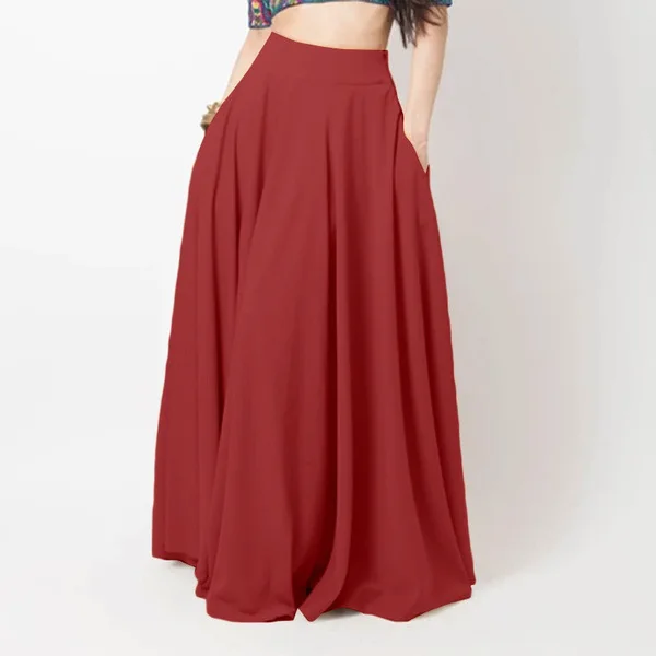 Plus Size Women Casual Long Maxi Skirt Solid Color High Waist Long Pleated Skirt With Pocket