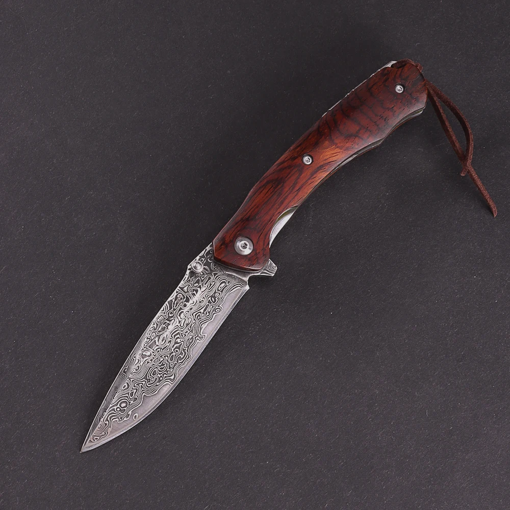 
Handmade Yellow Sandalwood Handle Damascus Steel Outdoor Camping Survival EDC Folding Pocket knife 