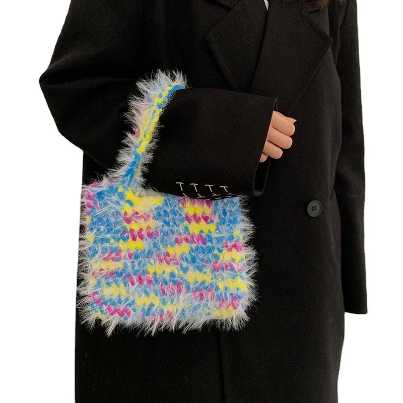Colorful furry rope knitting small purses for girls and ladies fashion crochet hand bags