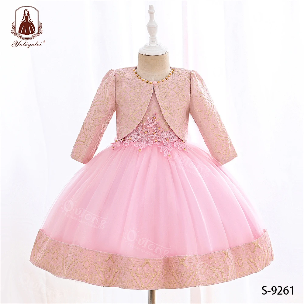 Outong Ready-Made Jacquard Fabric Ball Gown Princess Dress Infant Formal Birthday Baptism Party Kids Flower Girl Dresses 5-9Year