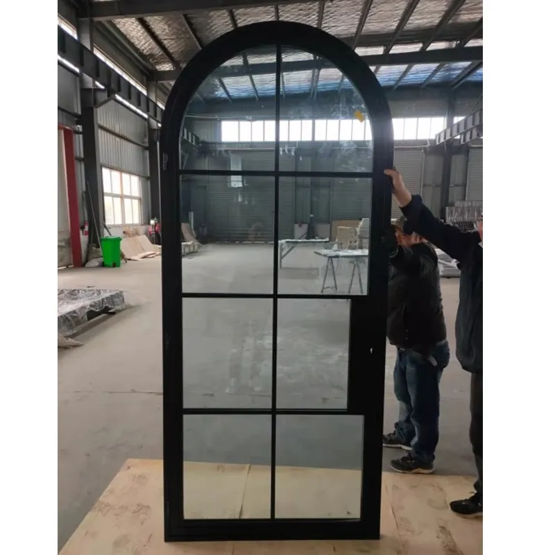 Top Design Beautiful Grids Arched Glass Crittal Style Steel Sound Insulation Arch Fluted Wrought Iron Interior Door