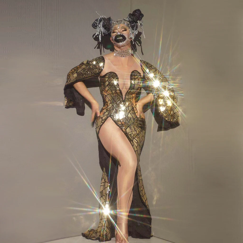 Sexy Gold Glitter Sequins Long Gown Party Dress Stage Performance Wear Women Maxi Prom Dress High Slit Banquet Evening Dress