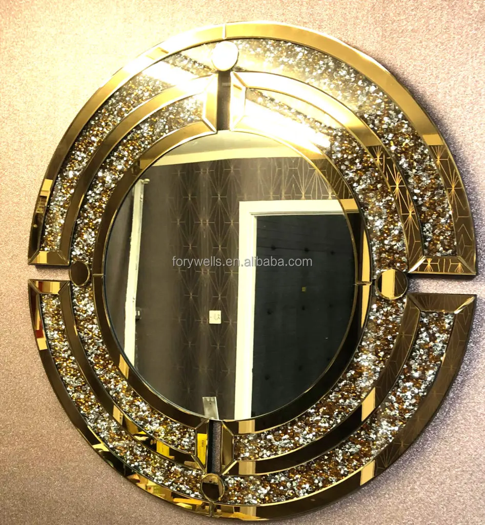 Modern Round Minimalist Crushed Diamond Decorative Wall Mirror Home Decor For Living Room Bedroom