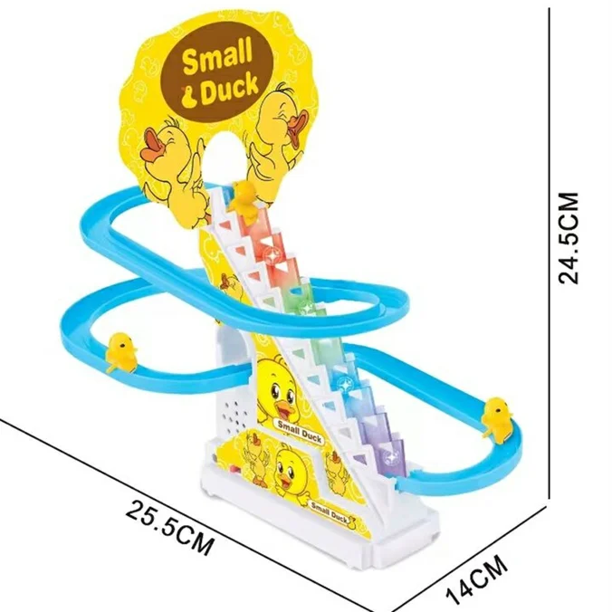 HOT SELLING ELECTRIC LITTLE YELLOW DUCK CLIMBING STAIRS MUSIC TRACK GROOVE TOY FOR KIDS