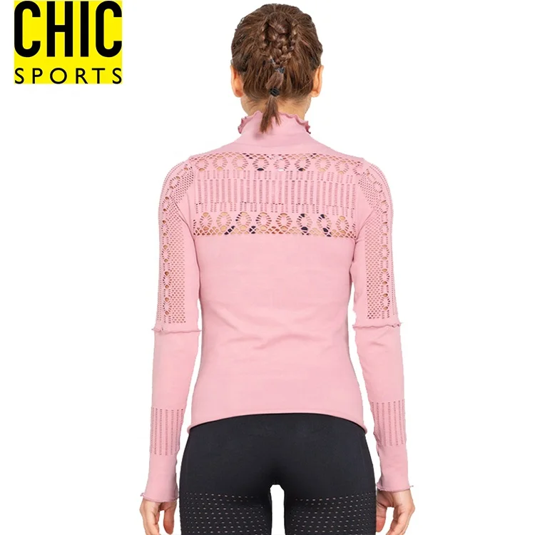 Lady Multi Sizes Long Sleeve Shirt Hollow Pattern Sports 3/4 Zipper Jacket Seamless Stretchy Dry Fit Yoga Pullover Tops