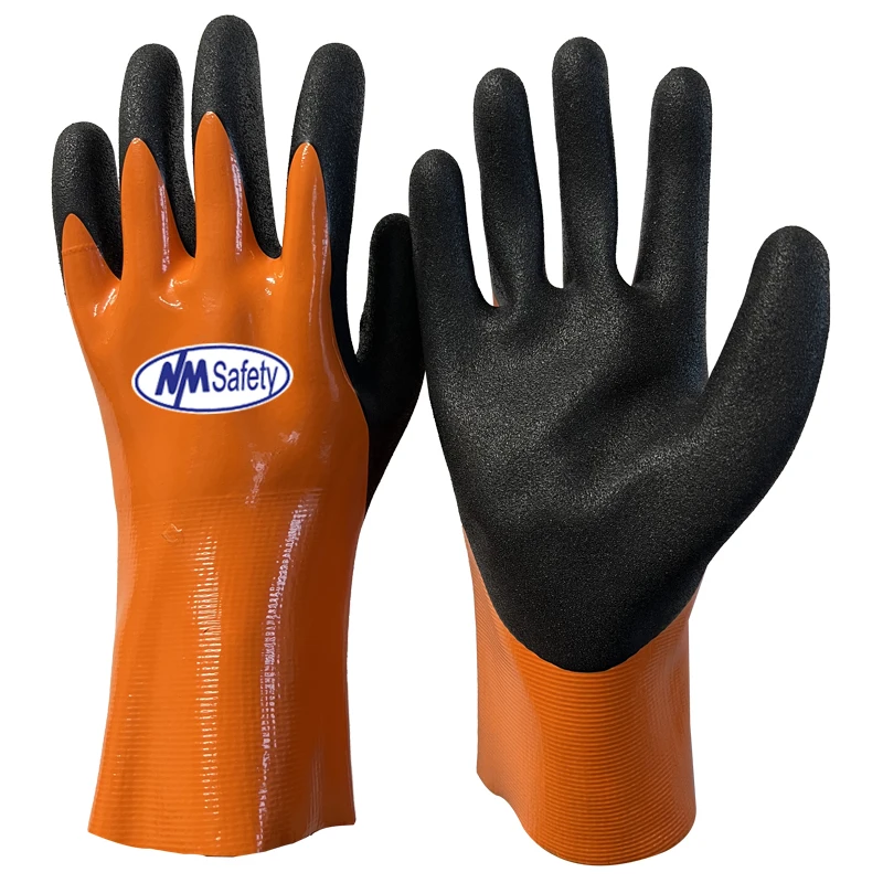 NMSAFETY Long Heat Resistant Chemical Resistant Double Coated Full Dipped Nitrile Grip Glove Orange Work Gloves Oil Gloves