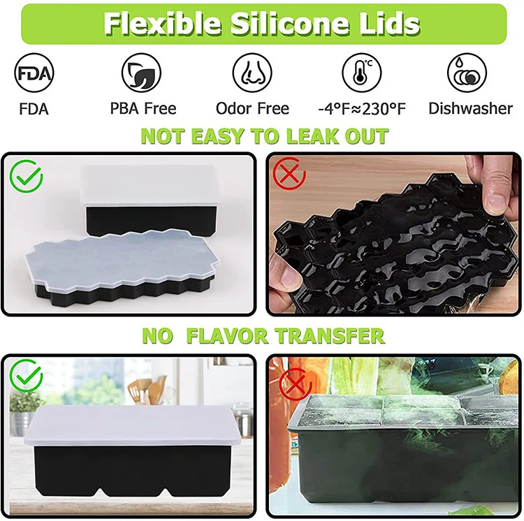 Set of 4 Silicone Ice Cube Molds For Freezer With Lid Sphere Ice Ball Large Square Diamond Cut And Hexagonal Shapes Ice Maker