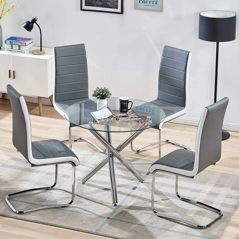 
Free FedEx UPS Shipping USA Local Stock Modern leather stainless steel dining kitchen living room 1 round table + 4 chairs Set 