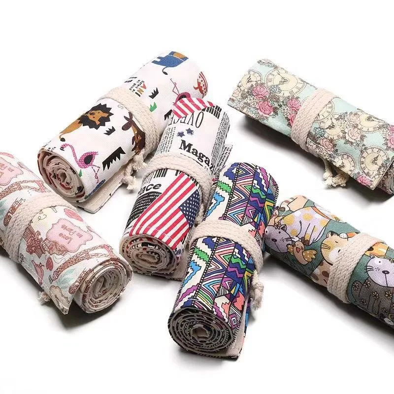 12 to 72 Holes Handmade Wrap Canvas Pencil Pen Bag Multi-color Painting roller Up pencil Case Paint brush bag