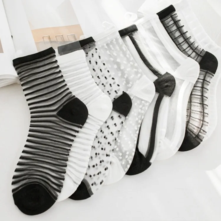 WUYANG FACTORY WY-043 wholesale transparent crew summer sheer nylon silk thin socks for sexy lady women made by crystal yarns