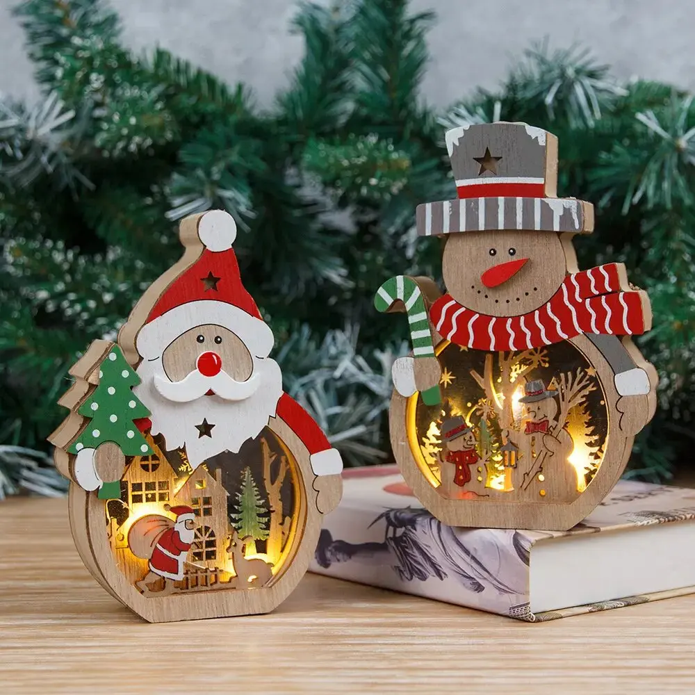 LED 3D Christmas Glowing Santa Claus Table Decoration Wood Xmas Wooden Craft Holiday Christmas Light Ornament Decor Table Lamp