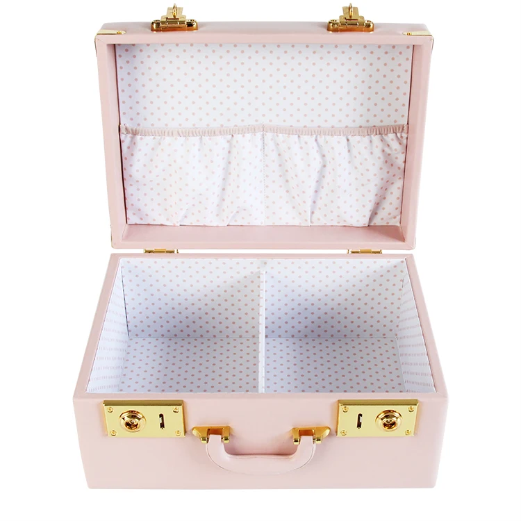 Pink vintage travel leather box  multifunctional pu leather cute box  with fabric storage insert
