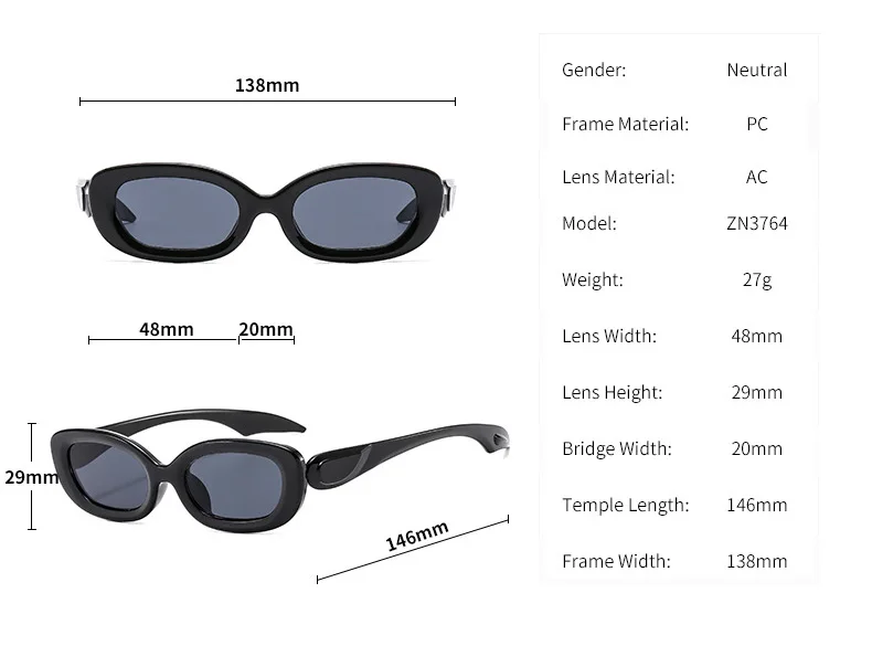 3764 Cool Futuristic Black 2024 Sunglasses Women Brand Luxury Sun Glasses Vintage Uv400 Protection Small Frame Oval Sunglasses