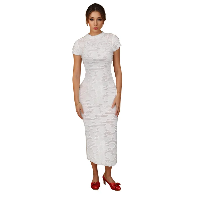 2024 Summer Elegant Crew Neck Midi Dress Women Sexy Bodycon Short Sleeves Natural Breathable Mesh Plain Dyed Casual Clothing