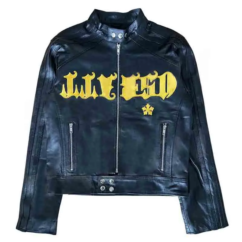 Custom Motorcycle Cropped Jacket Embroidery Print Zip Up Streetwear Motorbike Leather Jacket Men