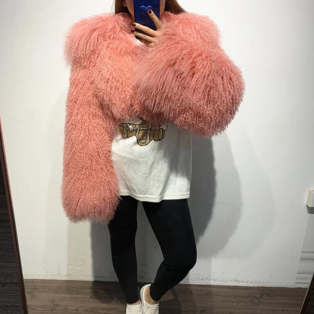 Female Mongolia Sheep Fur Jackets Women Natural Fur Coat Ladies Fur Cropped Jacket Outerwear