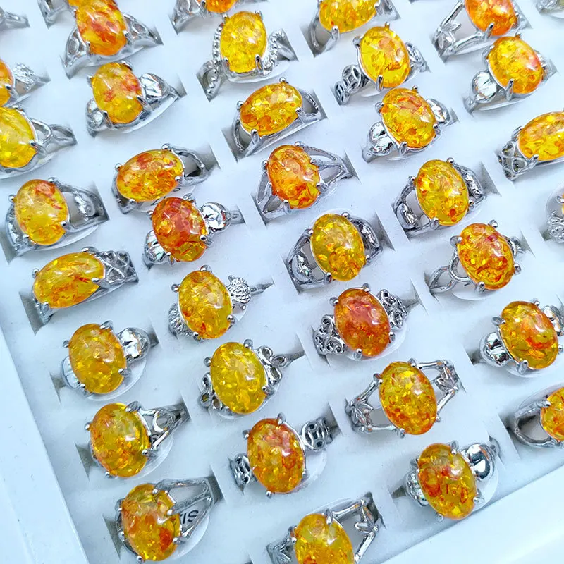 Factory Price African Style Cheap Resin Amber Rings Mixed Styles Ring Women Silver Color Alloy Rings Jewelry Gift Stall Good