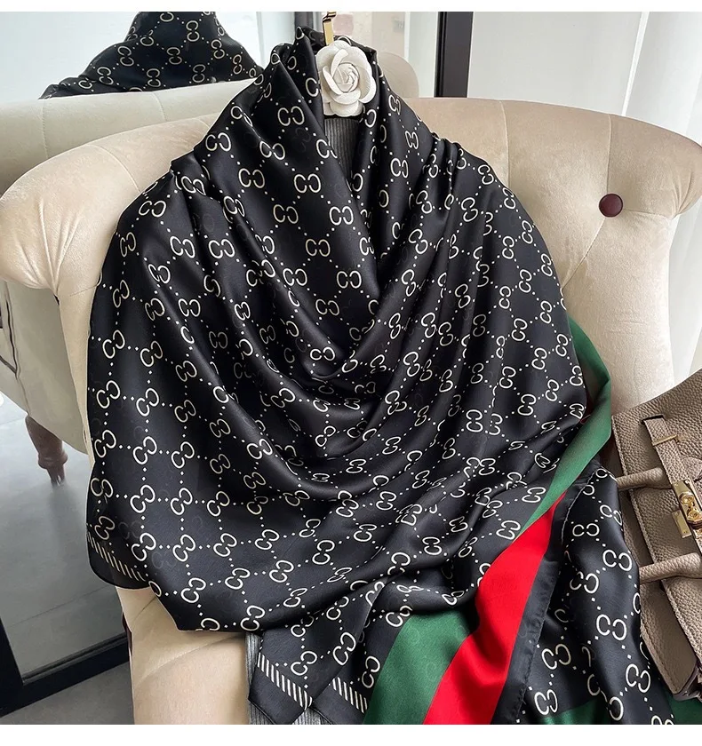 2022 Wholesale Custom Design New Silk Satin Scarf Headscarf Ladies Simulation Silk Scarf Luxury Designer Brand  Silk Scarf