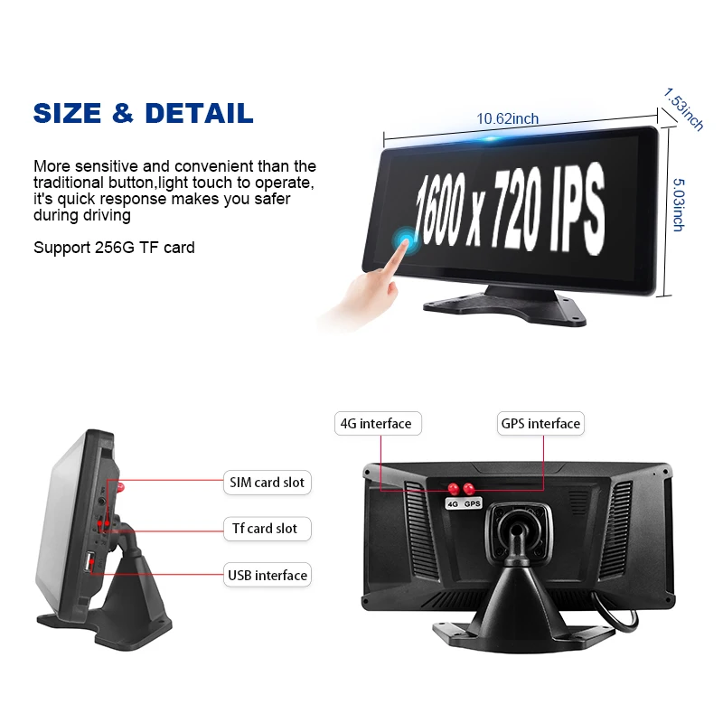 10.36 inches IPS Touch Screen Monitor 4 Channel  AHD 1080P Truck Bus 4G GPS AI DVR