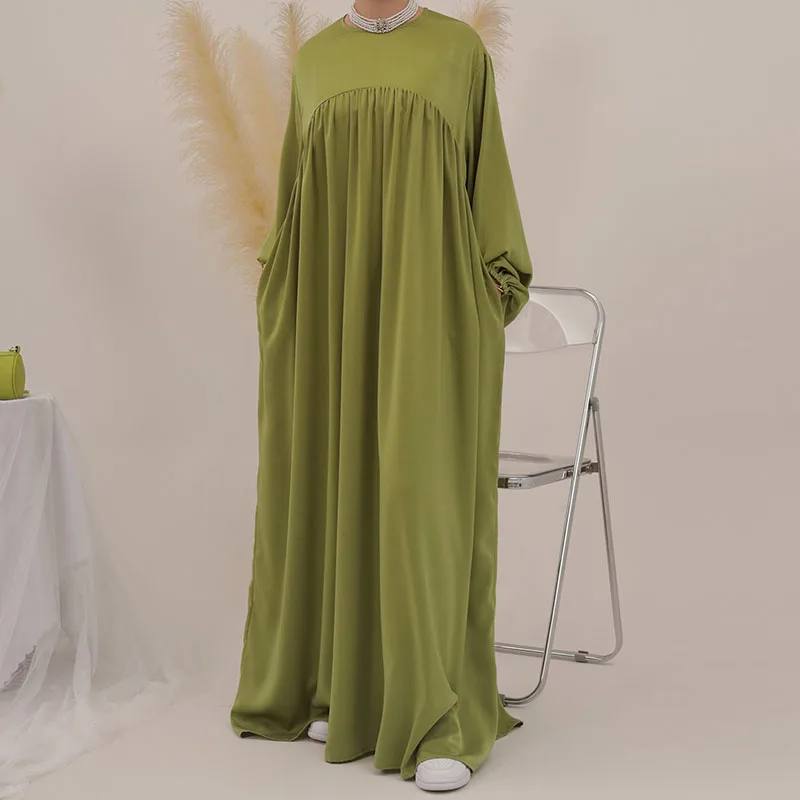 Balloon Sleeve Velvet Satin Abaya With Pockets New EID Fashion Wholesale High Quality Muslim Women Modest Dress Islamic Clothing