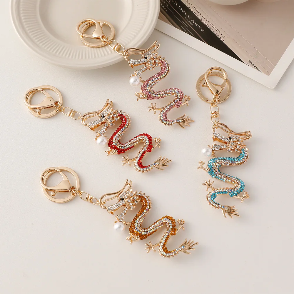 Vintage Crystal Rhinestone Dragon Keychain Women Pearl Zodiac Chinese Dragon Loong Pendant Keychain For Gift