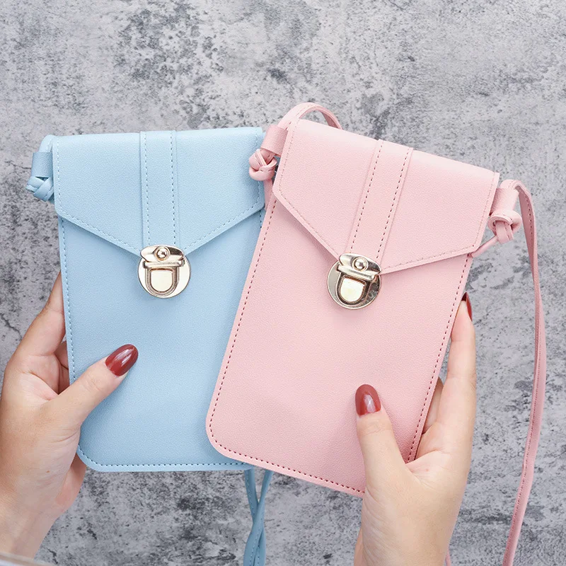 Factory direct lock buckle crossbody bag pu leather touch screen mobile phone wallet women female retro student small money clip