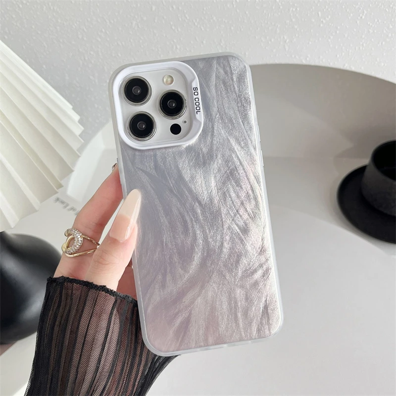 Anti-Slip Matte texture Feather Pattern Glitter Bling Silver Phone Case for iPhone 15 Pro Max