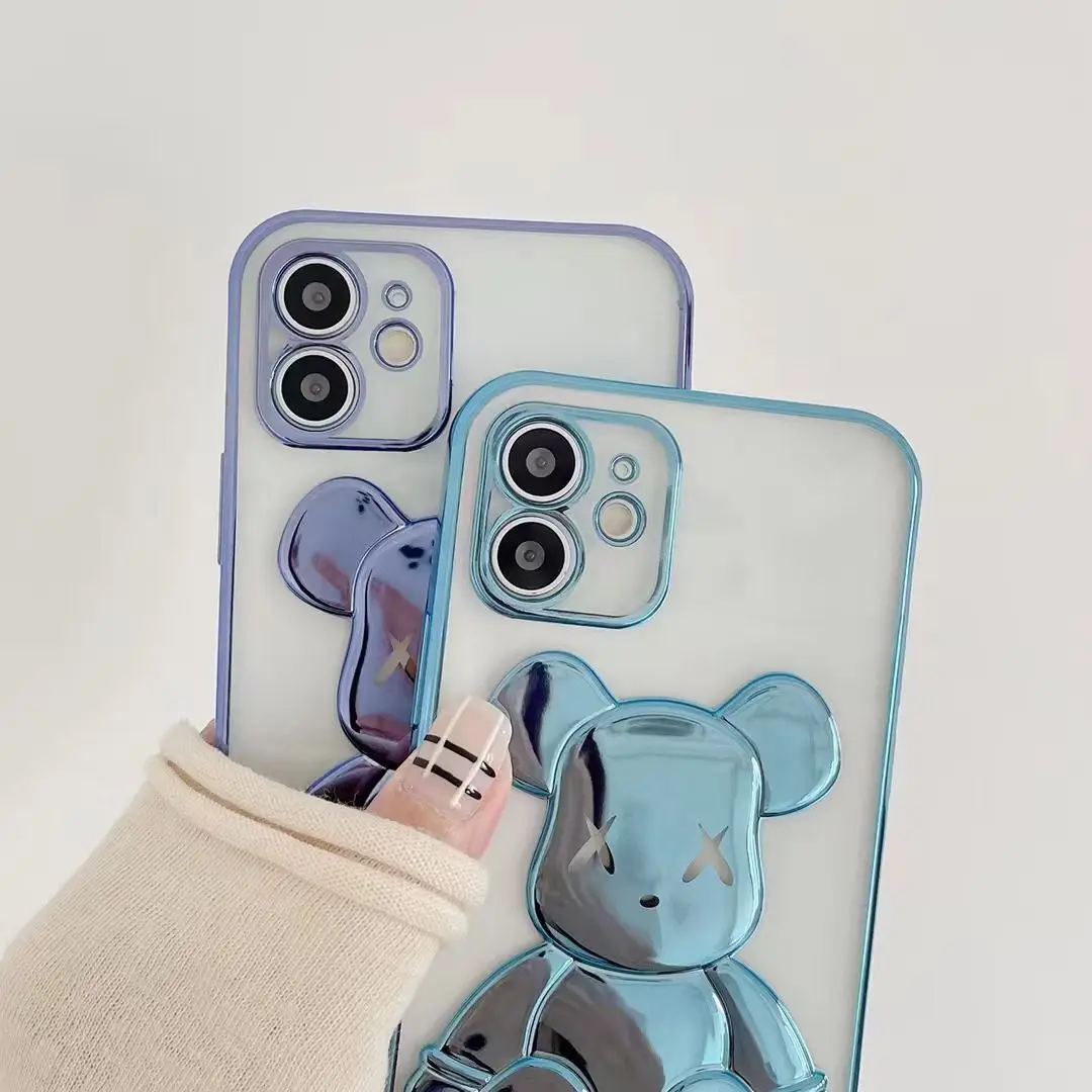 Luxury Electroplate Bear Transparent 3D Bear Cell Phone case For iphone 13 12 11 XS XR MAX 7 8 Soft TPU Mobile phone Accessories