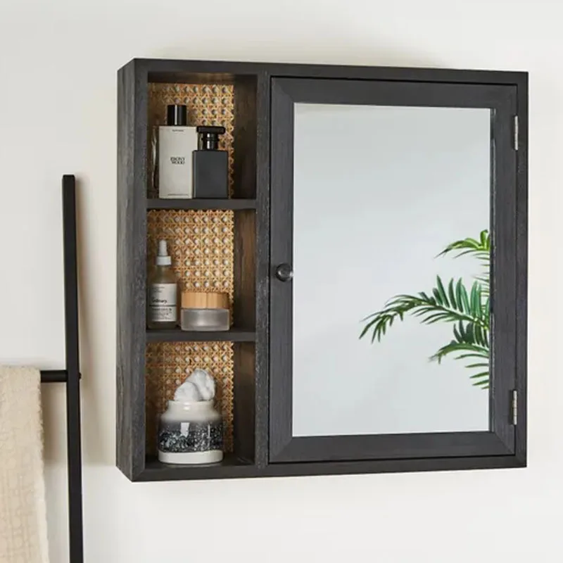 Wall Mounted Rattan Modern Storage Wall Bathroom Cabinet With Mirror