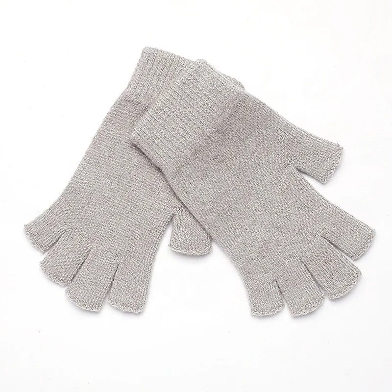Wholesale Custom Fall Winter Wool Nylon Acrylic Even Size Solid Color Half Finger Fingerless Knitted Gloves For Men And Women