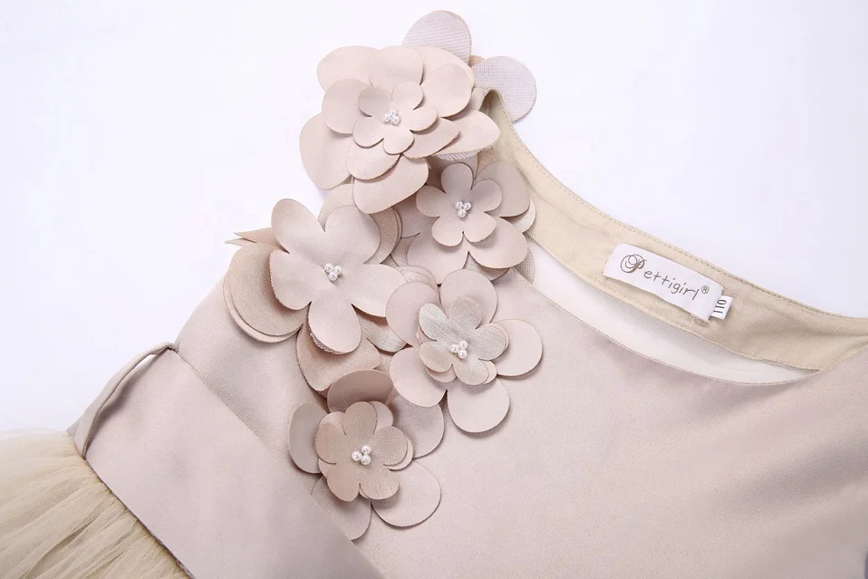 Pettigirl Sleeveless Khaki Girl Holiday Dresses 3D Floral Appliques Soft Tulle Flower Girl Dress Princess Dress Up Clothes