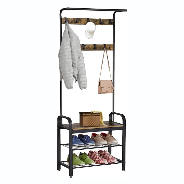 Wholesale Metal Iron Frame Space Saving Coat Rack With Shoe Storage Bench Hall Coat Rack Stand