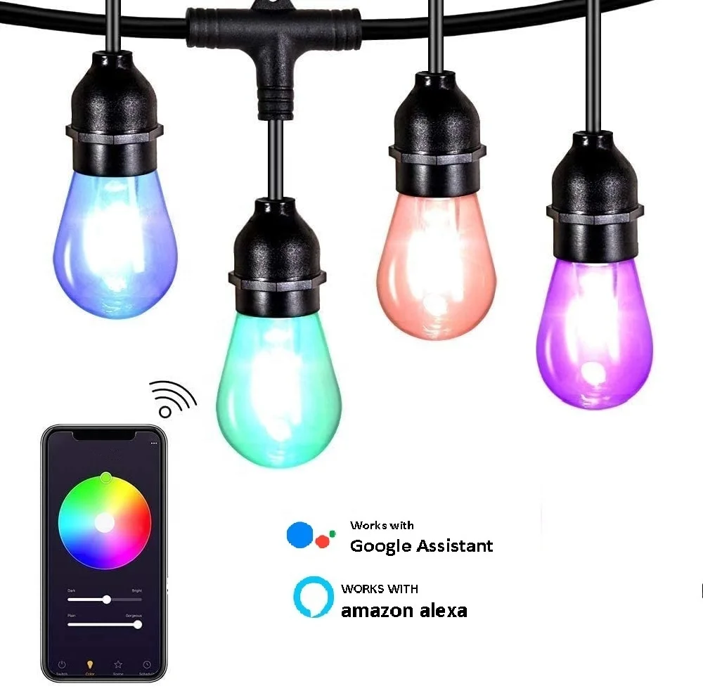 
49ft 48ft wifi APP Control Tuya IP65 RGBW Smart COLOR decorative patio festoon string lights with 15 S14 Edison Light 