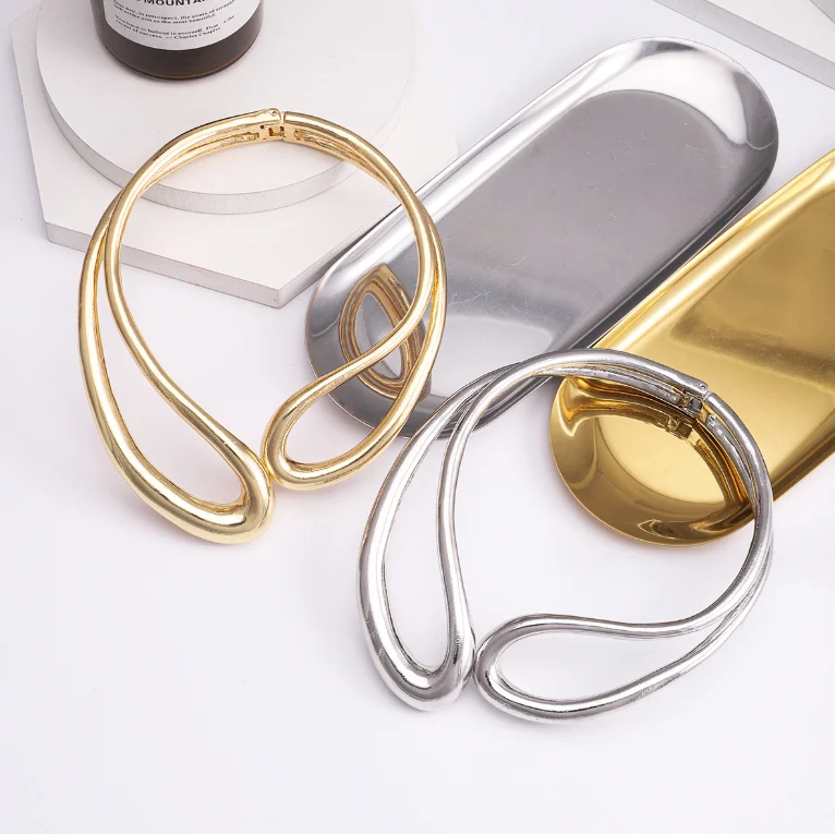 Hot Sale ZA Geometric Metal Necklace Bracelet Set for Women Temperament Exaggerated Party Dinner Jewelry Accessories