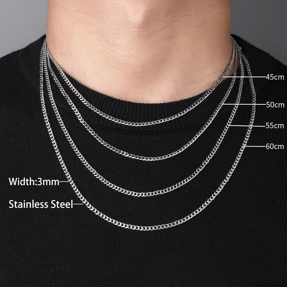Hip Hop Stainless Steel Basic Curb Chain Necklace Wholesale Simple Multi-Size Cuban Chain Necklace