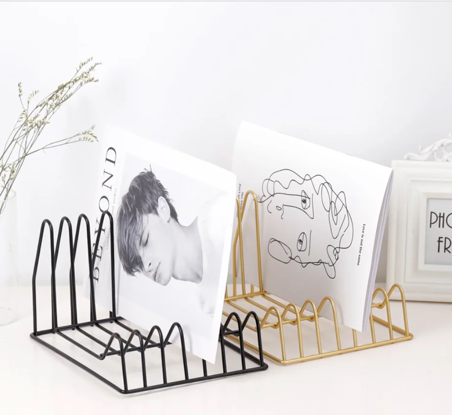 
New design simple Nordic newspaper rack golden iron book magazine rack creative office desktop file storage 