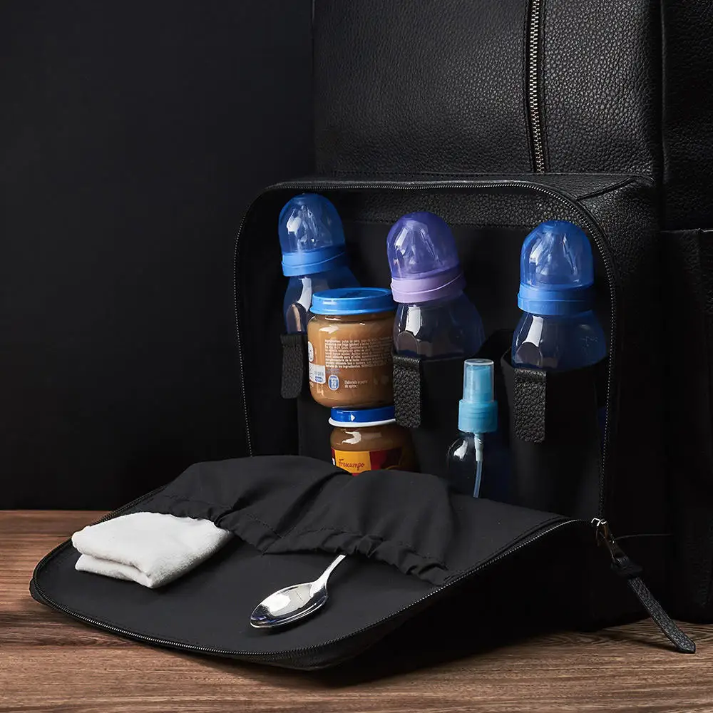 Высококачественный новый черный кожаный мужской рюкзак для подгузников с логотипом на заказ, сумка для влажных подгузников, рюкзак с пеленальной подушкой