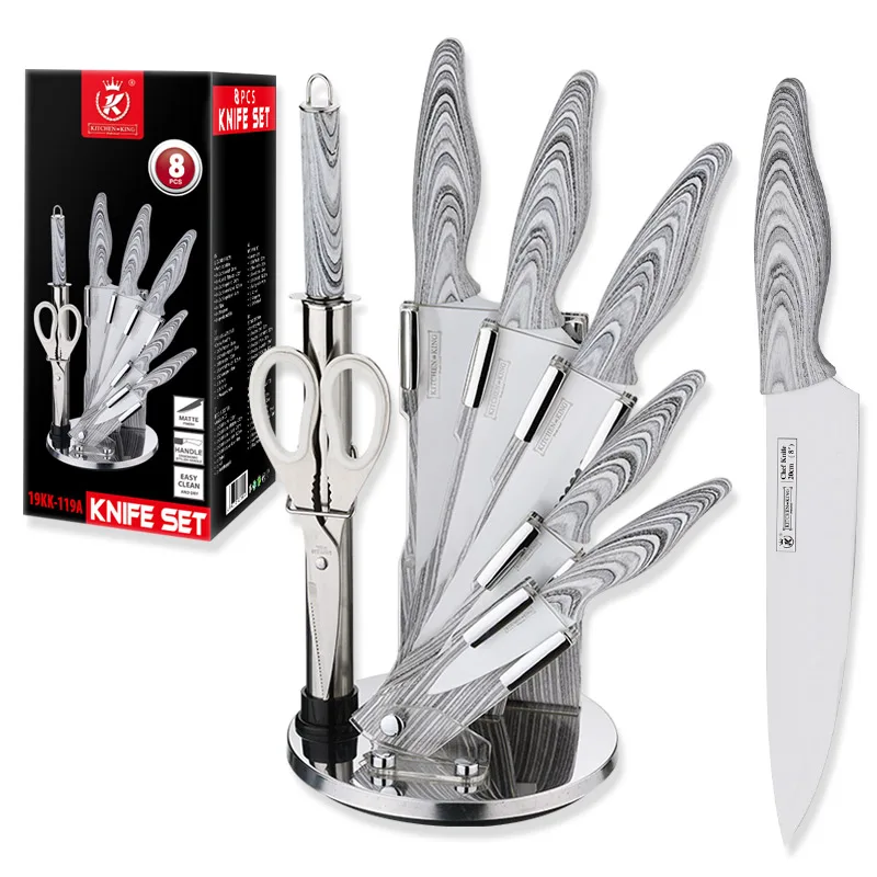 
Kitchen King 8 pcs white wood coated handle chef knife set with rotating stand 
