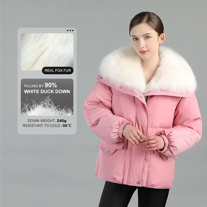Fall winter 2023 high quality fashionable women clothes OEM/ODM real fox fur short 90% white duck down jacket for girl