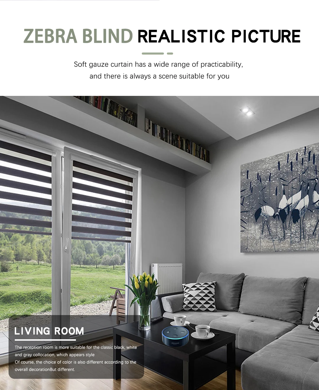AmytongModern Cordless Zebra Blinds Blackout Polyester Fabric Vertical French Roller Shades Remote Slat Built-In Installation